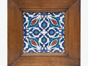 Iznik Tile in Wood Frame with Four Dimension Tulip and Flower Pattern