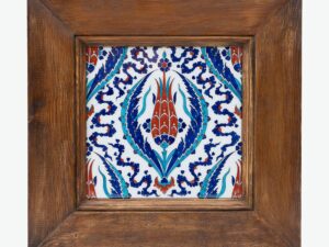 Iznik Tile in Wooden Frame with Tulip and Dagger Leaf Pattern